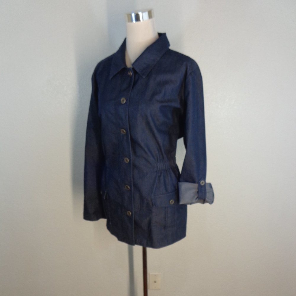 D & CO Women's Denim Jacket Cinch Waist Button Front Dark Wash sz L - Picture 3 of 5